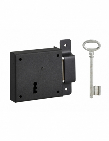 Serrure horizontale en applique à clé pour porte de cave, pêne seul, droite, axe 50mm, 85x76mm, noir, 1 clé - THIRARD Serrure...