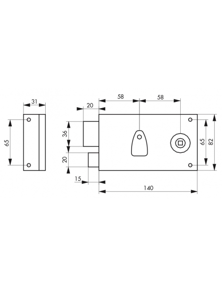 Serrure horizontale en applique à clé à fouillot pour portail, gauche, axe 58mm, 140x80mm, saillie 5mm, zingué, 2 clés - THIR...