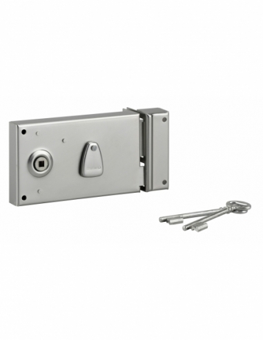 Serrure horizontale en applique à clé à fouillot pour portail, droite, axe 58mm, 140x80mm, saillie 5mm, zingué, 2 clés - THIR...