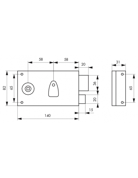 Serrure horizontale en applique à clé à fouillot pour portail, droite, axe 58mm, 140x80mm, saillie 5mm, zingué, 2 clés - THIR...