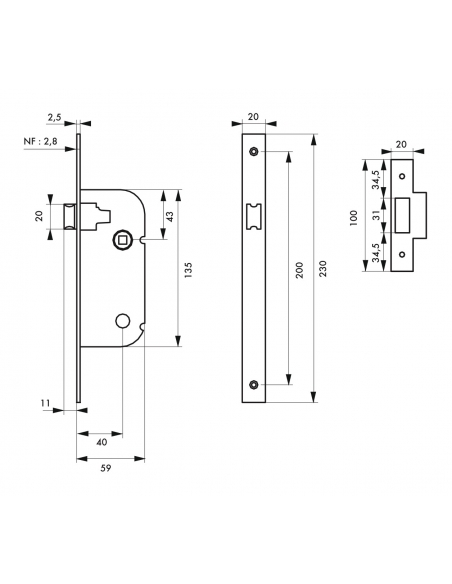 Serrure encastrable pour porte intérieure, axe 40mm, bouts carrés, blanc - THIRARD Serrures encastrables