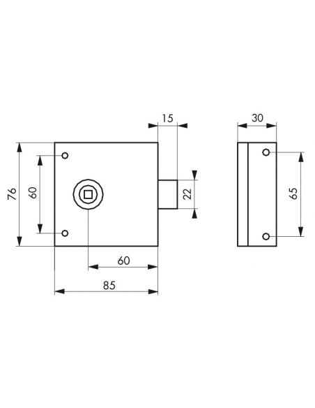 Serrure horizontale en applique à fouillot pour porte int., pêne 1/2tour seul, axe 60mm, carré 6mm, 85x76mm, noir - THIRARD S...