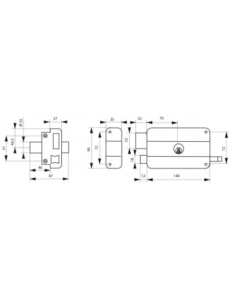 Serrure horizontale en applique double entrée à tirage pour porte d'entrée, gauche, 140x90mm, axe 70mm, noir, 3 clés - THIRAR...