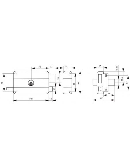 Serrure horizontale en applique double entrée à tirage pour porte d'entrée, droit, 140x90mm, axe 70mm, noir, 3 clés - THIRARD...