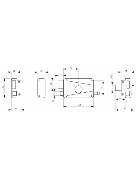 Serrure horizontale en applique à bouton à tirage pour porte d'entrée, gauche, axe 70mm, 140x90mm, noir, 3 clés - THIRARD Ser...