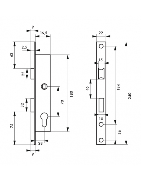 Serrure encastrable à cylindre pour menuiserie métallique, axe 16.5mm, bouts carrés, cylindre 30x30mm, zingué, 3 clés - THIRA...