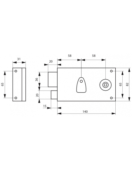 Serrure horizontale en applique 4 gorges à fouillot pour entrée, gauche, axe 58mm, carré 7mm, 140x82mm, noir, 2 clés - THIRAR...