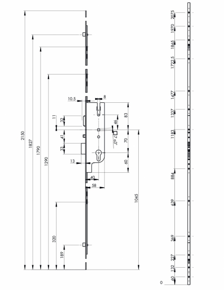 Boitier de serrure enc. Fercomatic à cylindre pour porte bois, axe 40mm, 3pts, H. 2150mm, 6-33164-11-0-1 - FERCO by THIRARD S...