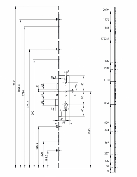 Boitier de serrure enc. Fercomatic à cylindre pour porte d'entrée, axe 40mm, 5pts, H. 2150mm, 6-33178-01-0-1 - FERCO by THIRA...