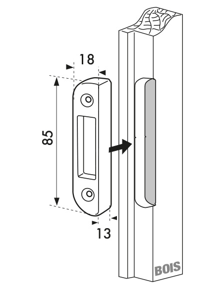 Gâche auxiliaire à défoncer pour porte bois, haut et bas, 81x18x8.5mm, Fercomatic, 9-34136-18-0-1 - FERCO by THIRARD Gâche de...