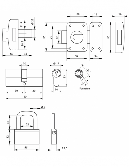 Lot cadenas Nautic + cylindre double entrée 30x30mm + verrou Capital à bouton, s'entrouvrant, 6 clés - THIRARD Verrous