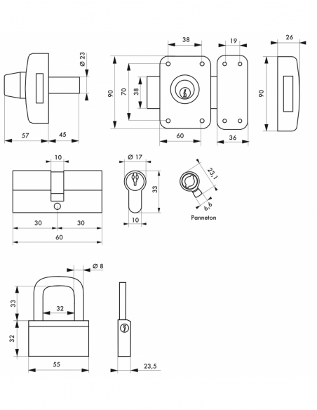 Lot cadenas Nautic + cylindre double entrée 30x30mm + verrou Capital double entrée, s'entrouvrant, 6 clés - THIRARD Verrous