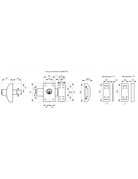 Verrou double entrée Design 5 pour porte d'entrée, cylindre 45mm, acier, 3 clés, argent - THIRARD Verrous