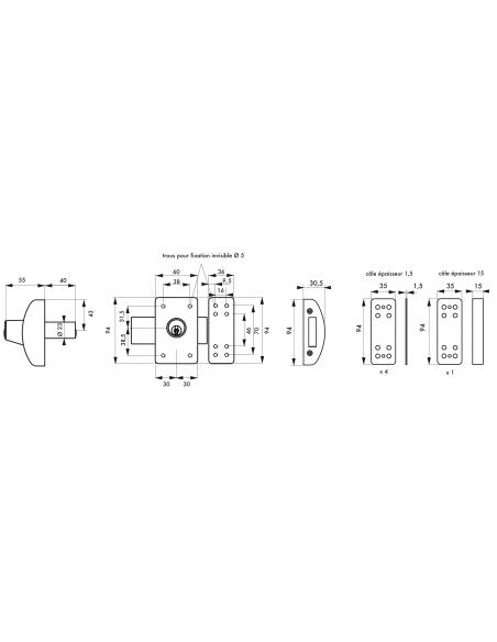 Verrou double entrée Design 5 pour porte d'entrée, cylindre 40mm, acier, 3 clés, argent - THIRARD Verrous