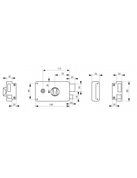 Boitier de serrure horizontale en applique double entrée à fouillot pour entrée, droite, axe 55mm, 140x88mm, noir - THIRARD S...