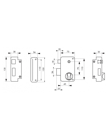 Boitier de serrure verticale en applique double entrée à fouillot pour portail, gauche, axe 45mm, 75x130mm, noir - THIRARD Se...