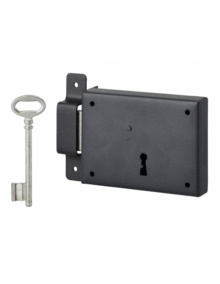Serrure horizontale en applique à clé pour porte de cave, pêne seul, gauche, axe 60mm, 110x80mm, noir, 1 clé - THIRARD Serrur...