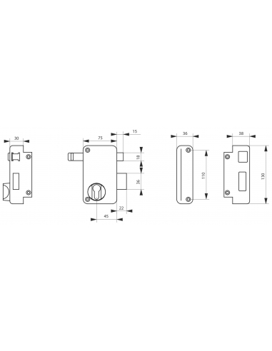 Boitier de serrure verticale en applique double entrée à tirage pour porte d'entrée, droite, axe 45mm, 75x130mm, noir - THIRA...