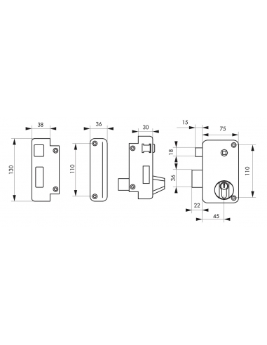 Serrure verticale en applique double entrée à fouillot pour porte d'entrée, gauche, axe 45mm, 75x130mm, noir, 3 clés - THIRAR...