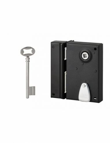 Serrure verticale en applique à clé à fouillot pour porte int., gauche, carré 7mm, axe 40mm, 110x70mm, noir, 1 clés - THIRARD...