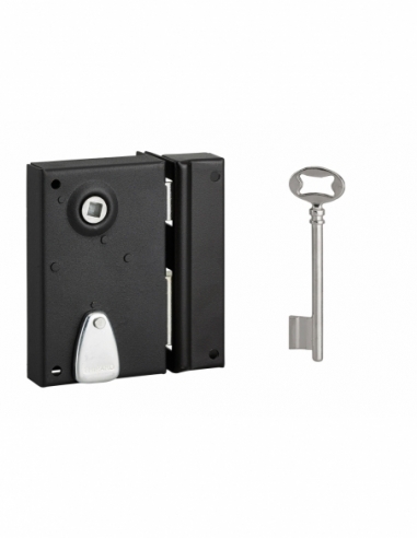 Serrure verticale en applique à clé à fouillot pour porte int., droite, carré 7mm, axe 40mm, 110x70mm, noir, 1 clé - THIRARD ...