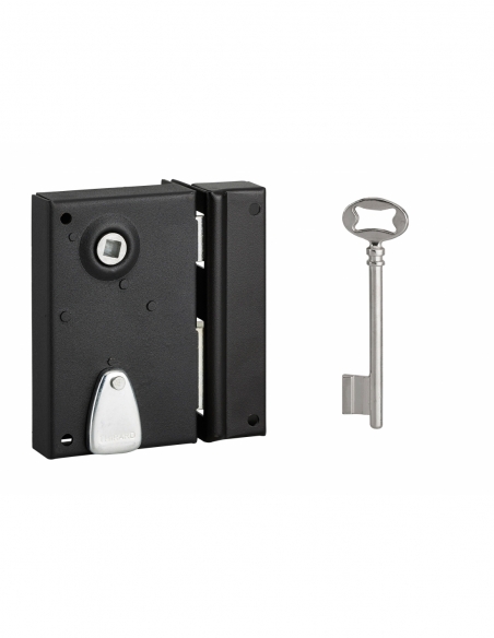 Serrure verticale en applique à clé à fouillot pour porte int., droite, carré 7mm, axe 40mm, 110x70mm, noir, 2 clés - THIRARD...