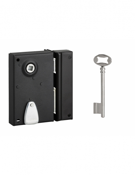 Serrure verticale en applique à clé à fouillot pour porte int., droite, carré 7mm, axe 40mm, 110x70mm, noir, 1 clé - THIRARD ...