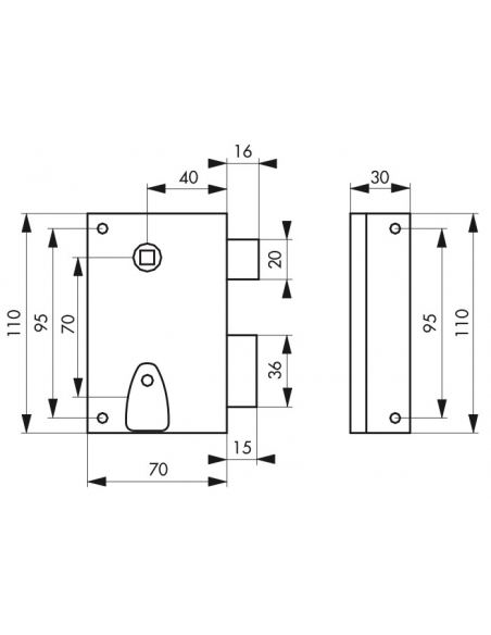 Serrure verticale en applique à clé à fouillot pour porte int., droite, carré 7mm, axe 40mm, 110x70mm, noir, 2 clés - THIRARD...