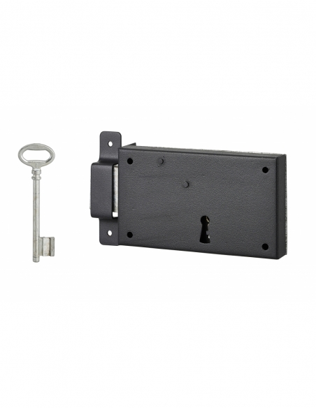 Serrure horizontale en applique à clé pour porte de cave, pêne seul, gauche, axe 80mm, 140x80mm, noir, 1 clé - THIRARD Serrur...