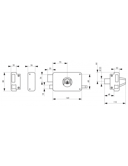 Serrure horizontale en applique double entrée à tirage pour porte d'entrée, gauche, axe 70mm, 140x88mm, noir, 3 clés - THIRAR...