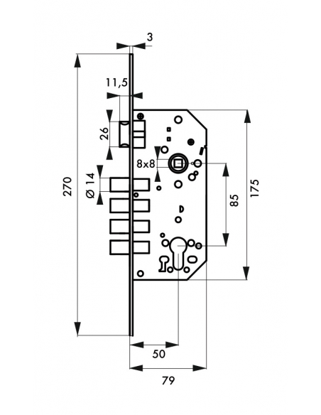 Boitier de serrure encastrable à cylindre pour porte d'entrée, axe 50mm, bouts carrés, 4pts, nickelé, rosace fermée - THIRARD...