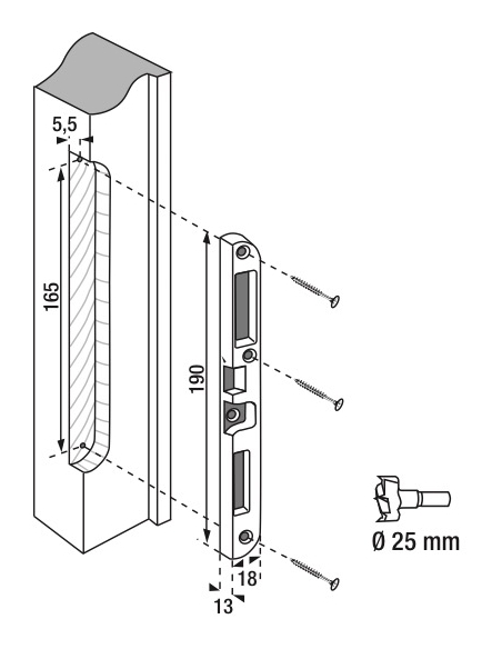 Gâche centrale encastrable pour porte d'entrée bois, gauche, 190x18x13mm, Trimatic, E-13742-00-L-1 - FERCO by THIRARD Gâche d...