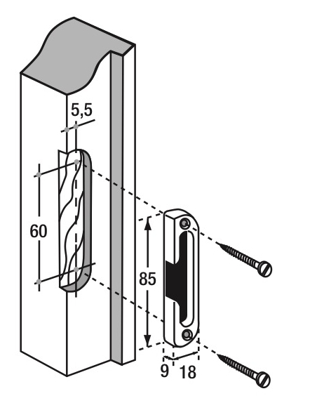 Gâche centrale encastrable réversible pour porte d'entrée bois, 85x18x9mm, E-11638-00-01 - FERCO by THIRARD Gâche de porte