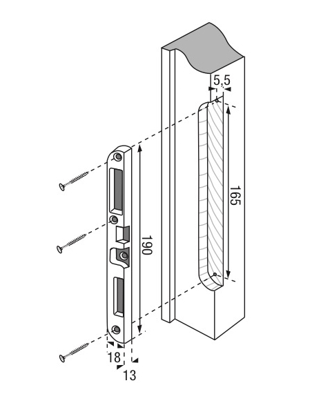 Gâche centrale encastrable pour porte d'entrée bois, droite, 190x18x13mm, compatible Trimatic, E-13742-00-R-1 - FERCO by THIR...