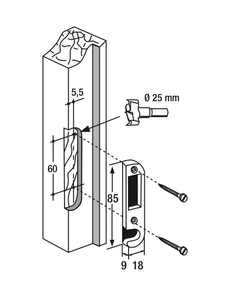 Gâche centrale encastrable pour porte d'entrée bois, gauche, 85x18x9mm, Decena, E-13065-00-L-1 - FERCO by THIRARD Gâche de porte