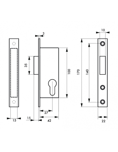 Boitier de serrure encastrable à cylindre pour menuiserie métallique, axe 27mm, pêne dormant seul, bouts carrés, inox - THIRA...