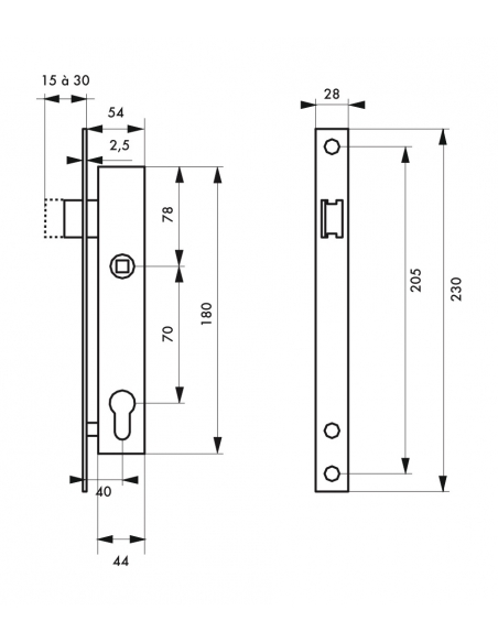 Boitier de serrure encastrable à cylindre pour portail, axe 40mm, bouts carrés, noir - THIRARD Serrures encastrables