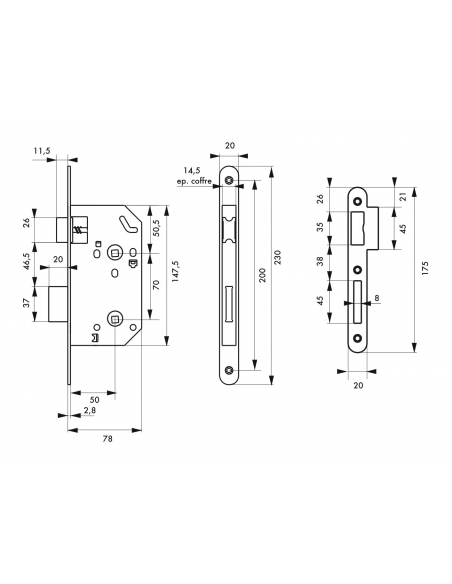 Serrure encastrable Unimax CE NF QC à condamnation pour salle de bain et toilette, axe 50mm, bouts ronds, têtière inox - THIR...