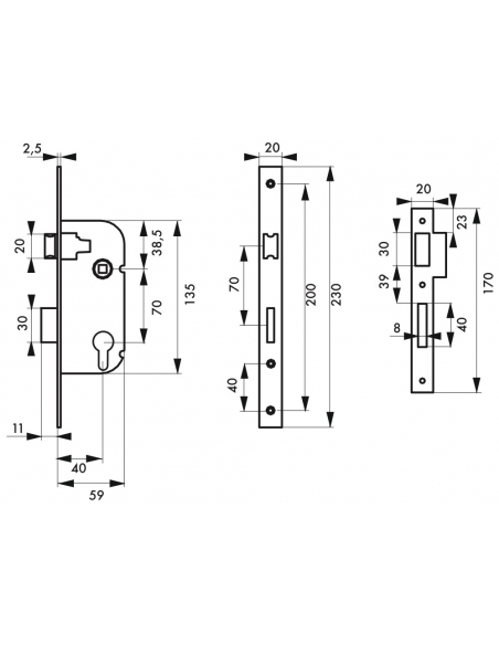 Serrure encastrable à cylindre pour porte d'entrée, axe 40mm, bouts ronds, cylindre 30x30mm, zingué, 3 clés - THIRARD Serrure...