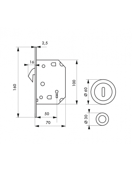 Serrure encastrable à crochet à clé pour porte de chambre coulissante, axe 50mm, bouts ronds, laiton - THIRARD Serrures encas...