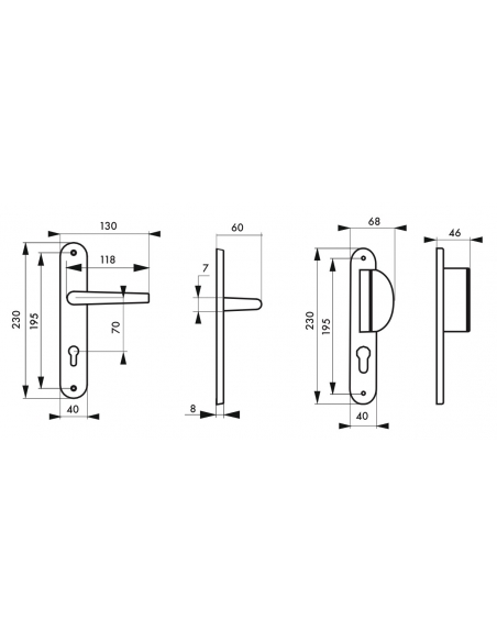 Ensemble de poignées pour porte d'entrée palière Crecy trou de cylindre, carré 7mm, entr'axes 195mm, anodisé argent - THIRARD...