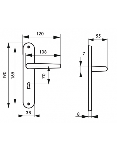 Ensemble de poignées pour porte de chambre Vesta trou de clé, carré 7mm, entr'axes 165mm, nickelé satiné - THIRARD Poignée