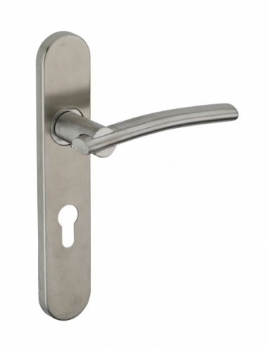 Ensemble de poignées pour porte d'entrée Poseidon trou de cylindre, carré 7mm, entr'axes 195mm, inox brossé - THIRARD Poignée