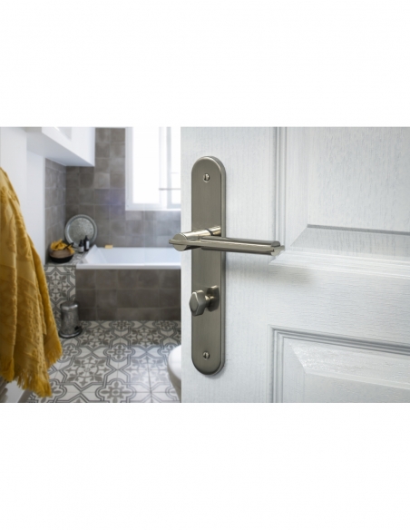 Ensemble de poignées pour salle de bain et toilette Gaia à condamnation, carré 7mm, entr'axes 195mm, nickelé brossé - THIRARD...
