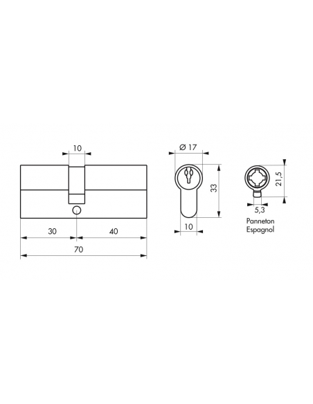 Cylindre 30 x 40mm std panneton ESP 3 clés nickelé - THIRARD Cylindre de serrure