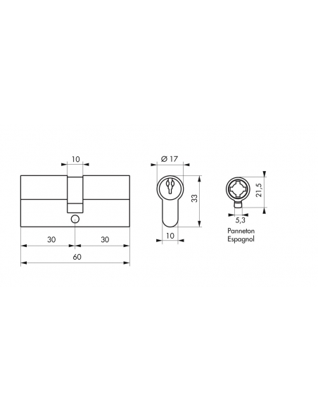 Cylindre 30 x 30 mm panneton ESP 3 clés nickelé - THIRARD Cylindre de serrure