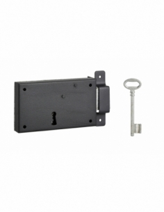 Serrure horizontale en applique à clé pour porte de cave, pêne seul, droite, axe 80mm, 140x80mm, noir, 1 clé - THIRARD Serrur...