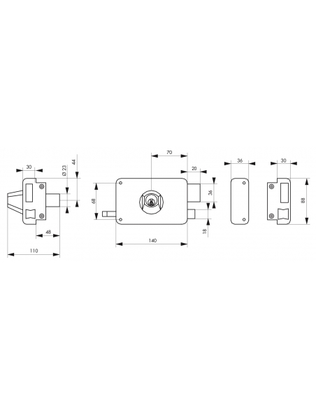 Serrure horizontale en applique double entrée à tirage pour porte d'entrée, droite, axe 70mm, 140x88mm, noir, 3 clés - THIRAR...