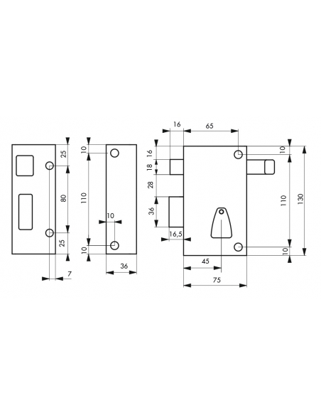 Serrure verticale en applique 6 gorges à tirage pour entrée, gauche, axe 45mm, carré 7mm, 75x130mm, noir, 2 clés - THIRARD Se...