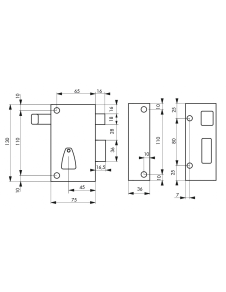 Serrure verticale en applique 6 gorges à tirage pour entrée, droite, axe 45mm, carré 7mm, 75x130mm, noir, 2 clés - THIRARD Se...